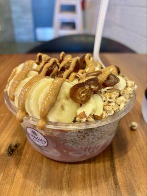 Nutty Bowl with Chia Pudding, PB on top & dates