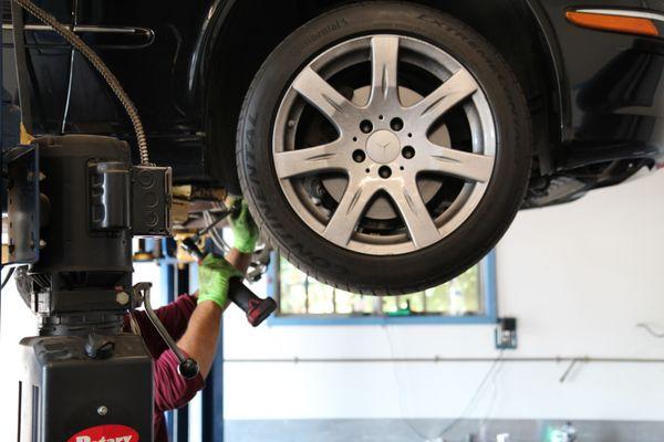 Servicing a Mercedes.