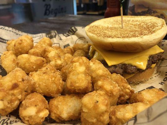 CHEEEESY BURGER and TATER TOTS