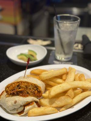 Chicken Wrap with Grilled Chicken Breast and Fries. Guiltless avacado slices .