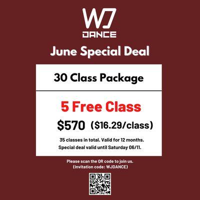 Don't Miss the June Special Deals! Get 30 class package for 5 free classes!