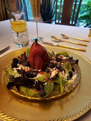 poached pear mixed green salad