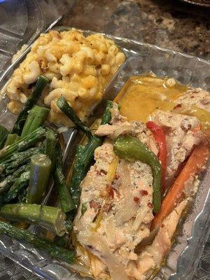 Salmon, string beans macaroni and cheese.