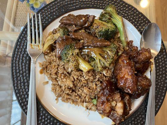 Fried Rice with Beef Broccoli and General Tso Chicken.