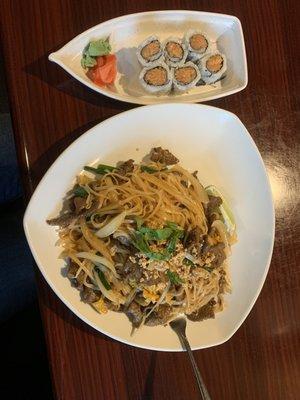 Steak Pad Thai and spicy salmon roll