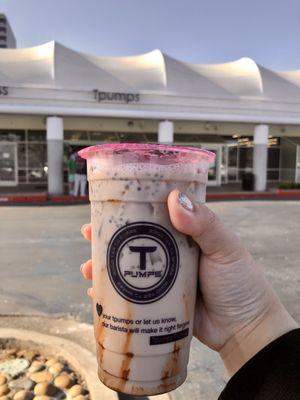 Chocolate hazelnut almond milk tea with boba bran (basil seeds)