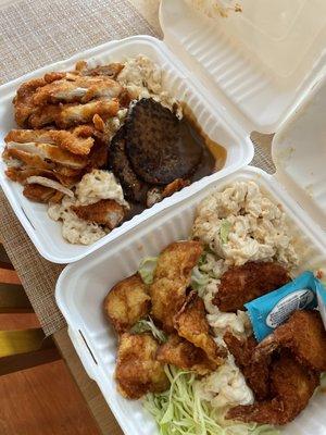 Half & Half (Chicken Katsu, Hamburger Steak), Half & Half (Fried Fish, Fried Shrimp), mac salad instead of rice