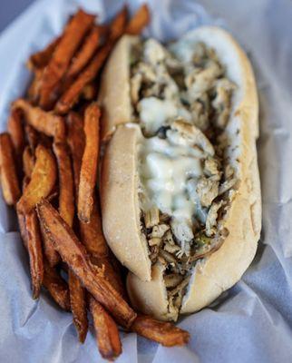 Philly Cheesesteak and sweet potato fries!