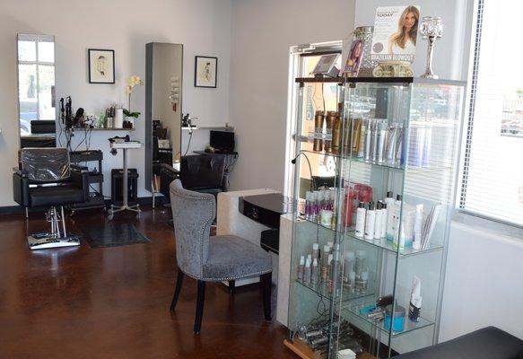 Hair station and product shelf.