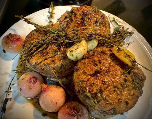 Aged filets cooked in cast iron & basted- a new favorite!!