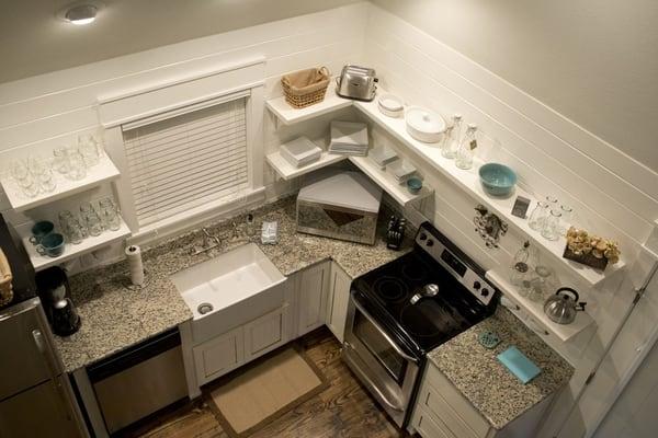 Upstairs view of kitchen in The Farmhouse cottage rental