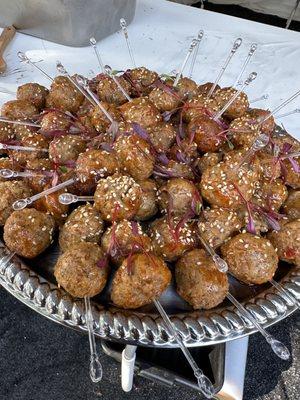 Adobo smoked sweet chili glazed meatballs