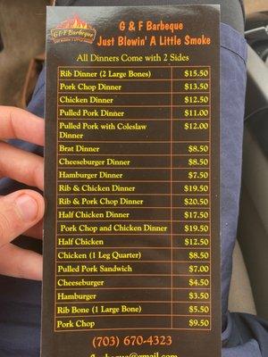 Front page of menu (Not all items listed)