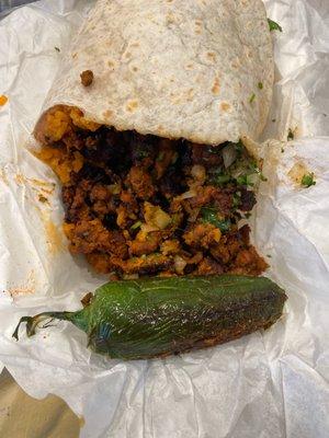 Huge Adobada burrito + grilled jalapeño