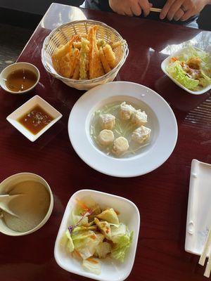 Shrimp Shumai, Miso Soup, Tempura Appetizer Ginger Dressing Side Salad