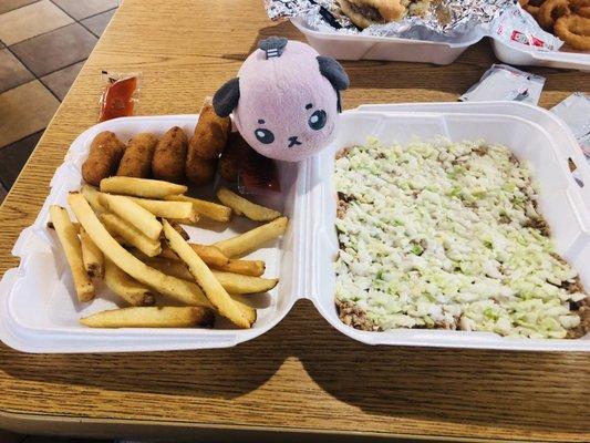 Aerial view of BBQ plate with slaw already perfectly placed.