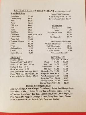 The menu for Red's and Trudy's