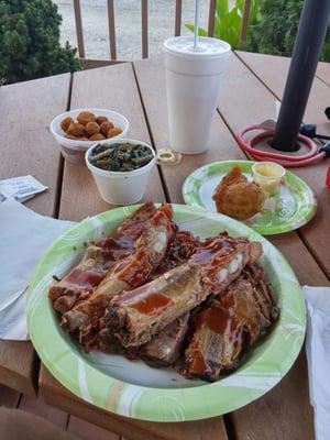 Awesome hushpupies, great ribs and sweetened collards greens made for a great dinner