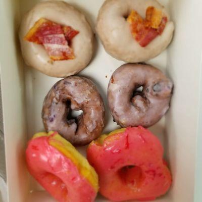 Bacon maple, blueberry cake & strawberry iced donuts