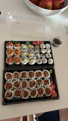 spicy tuna, spicy salmon, california roll, yellowtail salmon roll