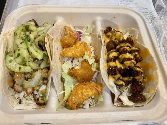 Thai Chicken Taco, Shrimp Taco, Mongolian Beef Taco