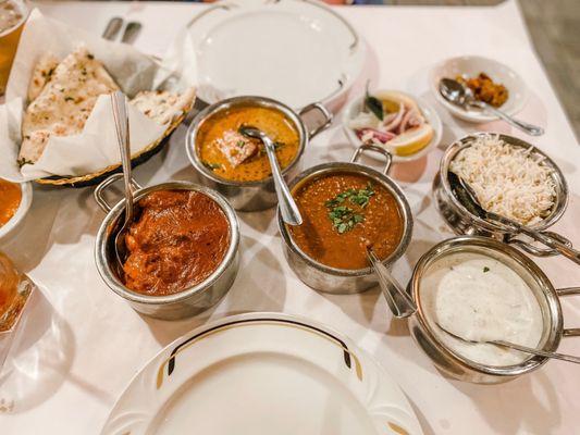 Dal bhukara (or black lentils), Butter chicken, paneer eleichi pasanda, Saffron rice, Garlic basil naan,  Dahi/Yogurt