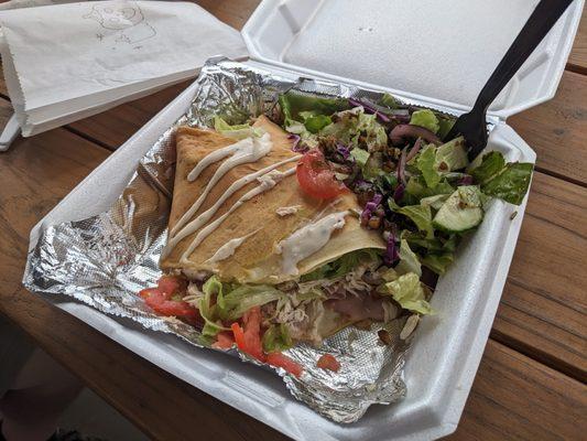 Chicken Cordon Bleu crepe served with fresh salad