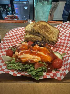 Patty Melt with a said salad