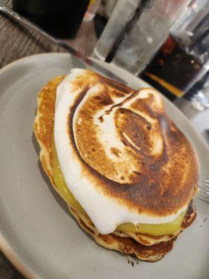 Lemon curd pancakes with torched meringue