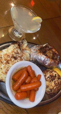 Parmesan crusted sirloin, loaded baked potato and honey glazed carrots.