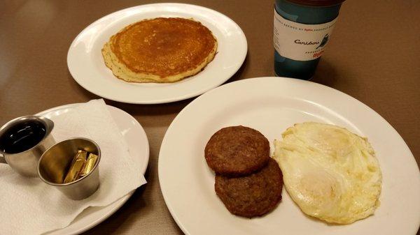 Breakfast made to order starting at 6 a.m. Coffee is extra but bottomless. Very tasty!