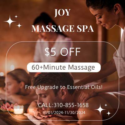 $5 Off 60+ Minute Massages + Free Essential Oils Upgrade!