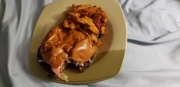 Cheeseburger on brioche with waffle fries