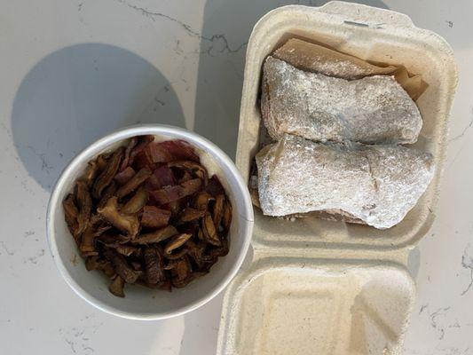 Grit bowl with gruyere, bacon and mushrooms and beignets