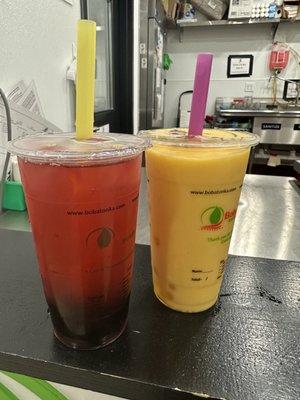 (Left) White dragon fruit tea with tapioca pearls (Right) Mango smoothie with mango popping boba.