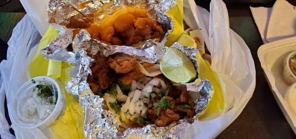 Chicharron and Pastor tacos