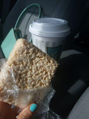 Medium coffee and jumbo rice crispy treat  $4.30