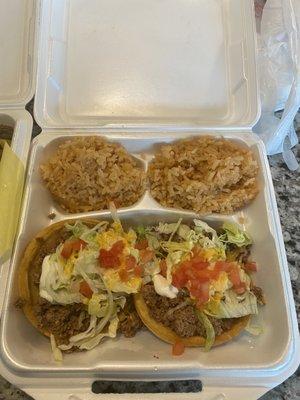 Ground beef sopes with double rice (not a bean fan)