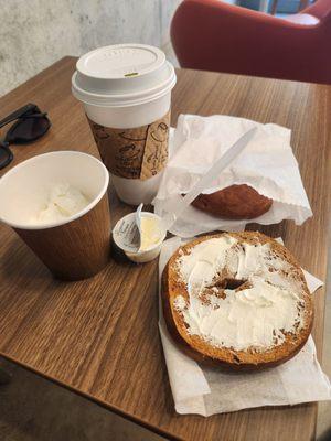 Cinnamon raisin bagel with cream cheese (they toasted it for me too), matcha green tea, and pup cup