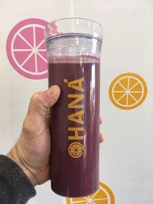 Açaí Berry Bliss in an Ohana Tumbler. When you purchase  an Ohana Tumbler you'll get .20 off your menu drink every time you use it!