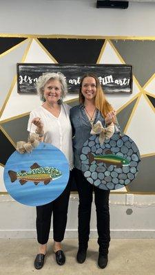 These ladies went fly fishing earlier that week and they wanted to paint trouts on their wood. How cool!