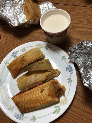 Chicken Tamales and "Red" Pork Tamales and rice milk