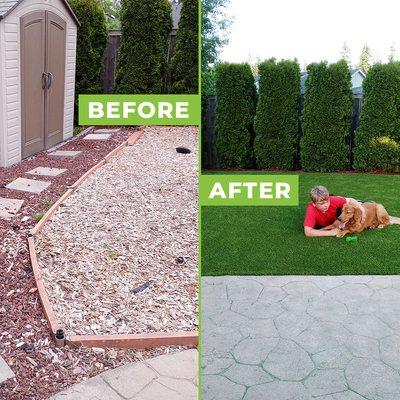 Before and after photos for a pet turf artificial grass installation.