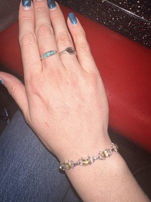 Turquoise ring, smoky topaz ring and citrine bracelet