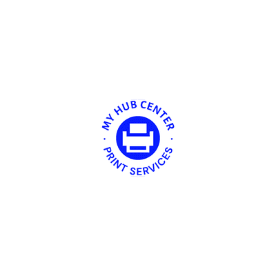 On a white background written in blue is My HUB Center Print Services typed in a circle with a picture of a desktop printer in the center