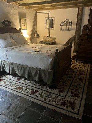 Bedroom in the Austrian Haus (+ rose petals, chocolates, & scavenger hunt sheet, from VIP package).