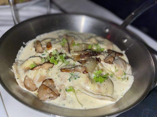 Porcini Ravioli  White Truffle Cream Sauce, Exotic Mushrooms, Parmigiana