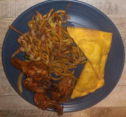 Pork Lo Mein, Wings and Crab Rangoons