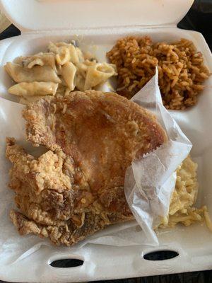 Fried Pork Chops with Seafood Pasta, Mac and Cheese and Jambalaya.