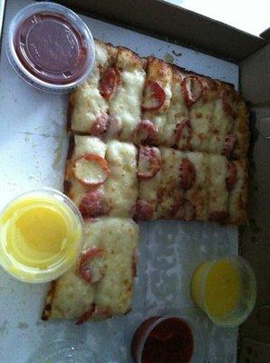 Franco cheese bread with pepperonis and extra tub of garlic butter!